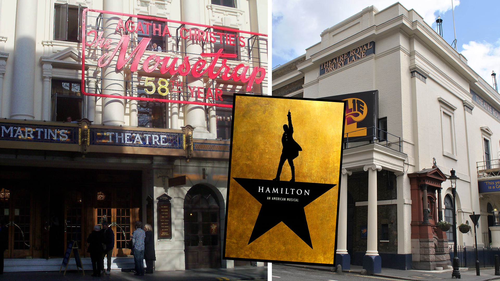 Ilustracja przedstawia dwa budynki teatrów stojące przy małej uliczce. Budynek po lewej stronie ma duże wejście z drewnianymi drzwiami, nad którymi widoczny jest napis: MARTIN’S THEATRE, powyżej którego widoczne są dwie kondygnacje w stylu neoklasycznym, których elewacja scalona jest pionowymi kolumnami, pomiędzy którymi znajdują się okna. Na elewacji widoczna jest neonowa reklama z napisem: AGATHA CHRISTIES The Mousetrap 58THE YEAR. Budynek po prawej stronie ma również klasyczną bryłę. Na rogu budynku widoczne jest zadaszenie wsparte na kolumnach z jońskimi kapitelami. Na piętrze budynku widać proste linie architektury dekorowane gzymsami i półkolumnami. U góry widoczny jest napis: THEATRE ROYAL DRURY LANE. Na zdjęcie budynków nałożona została grafika przedstawiająca plakat. Na złotym tle przedstawiona jest czarna postać z podniesioną nad głowę lewą ręką, stojąca na ściętej czarnej gwieździe, na której widoczny jest napis: HAMILTON AN AMERICAN MUSICAL.