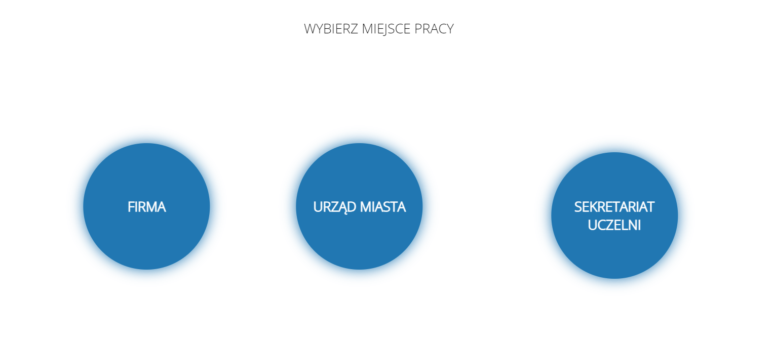 Trzy niebieskie kółka, od lewej z napisem: firma, urząd miasta, sekretariat uczelni