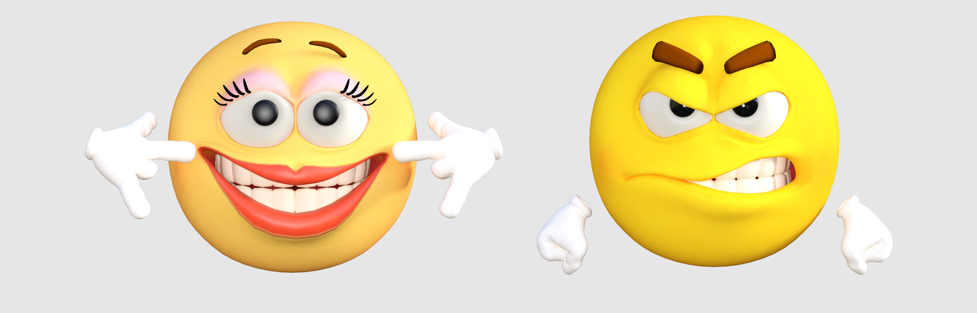 Ilustracja przedstawia dwa emotikony. Emotikon po lewej przedstawia oblicze kobiece z zaznaczonymi rzęsami i szerokim uśmiechem, a po prawej widoczne jest oblicze męskie ze zmarszczonymi brwiami i zębami zaciśniętymi ze złości czy zdenerwowania.