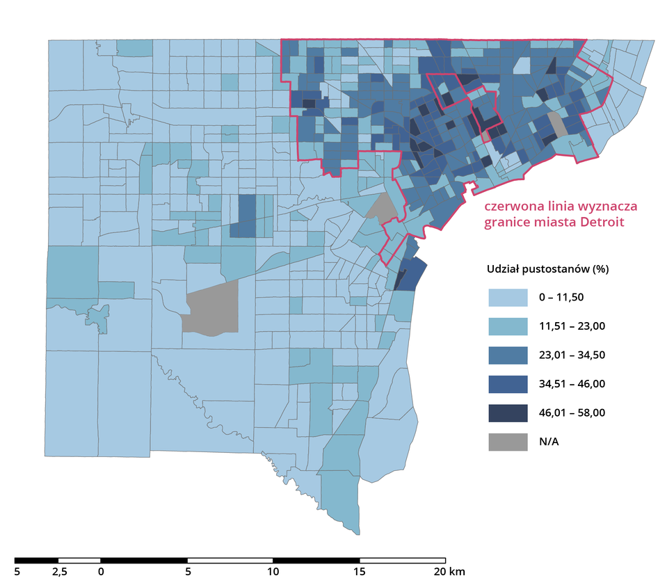 Na mapie hrabstwa  Wayne zaznaczono procentowy udział pustostanów. Obszar miasta  Deroit otoczono na mapie czerwoną linią. Większość terenów o największym udziale pustostanów znajduje się wewnątrz tej linii.