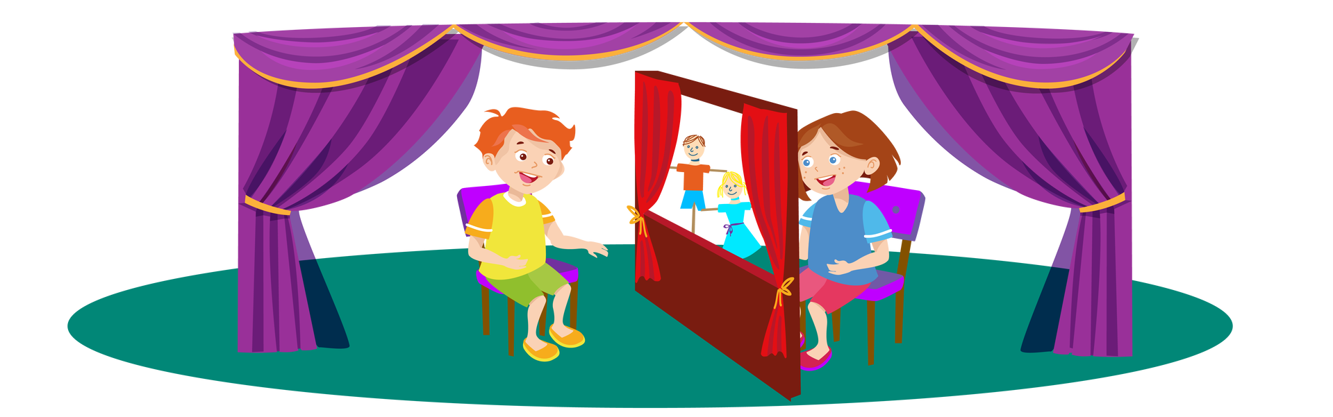 Ilustracja przedstawia ciemnozieloną scenę teatralną. Nad sceną i po bokach widać fioletowe kotary upięte w połowie długości. Na środku znajduje się konstrukcja przypominająca mniejszą scenę, z czerwonymi kotarami po bokach. Po prawej stronie konstrukcji, na fioletowym krześle, siedzi Maja. Uśmiecha się i porusza trzymaną w prawej ręce kukiełką w błękitnej sukience. Przy scenie jest jeszcze druga kukiełka, w pomarańczowej koszulce z krótkimi rękawami i w krótkich, niebieskich spodniach. Po lewej stronie sceny, na fioletowym krześle, siedzi Franek. Ogląda przedstawienie i szeroko się uśmiecha.