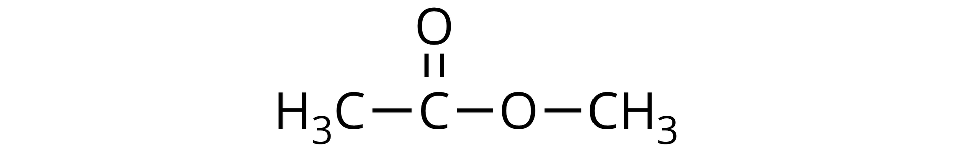 Ilustracja przedstawiająca cząsteczkę octanu metylu, która to zbudowana jest z grupy CH3 połączonej z atomem węgla związanym za pomocą wiązania podwójnego z atomem tlenu oraz za pomocą wiązania pojedynczego z drugim atomem tlenu podstawionym grupą CH3.