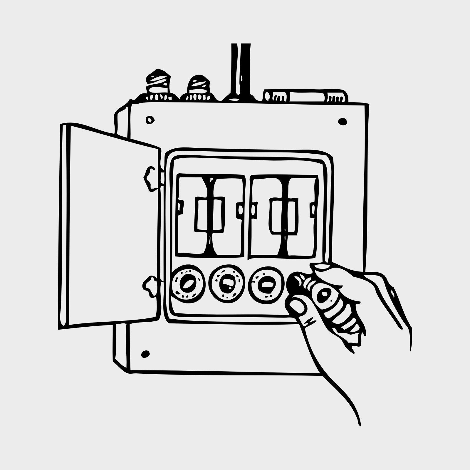 Grafika przedstawia kontur prostopadłościennej skrzynki z otwartymi drzwiczkami pośrodku. Wewnątrz widoczne są dwa kwadratowe oraz trzy okrągłe gniazda. Po prawej stronie widoczny jest kontur dłoni trzymającej przewód, którym dotyka jednego z gniazd.