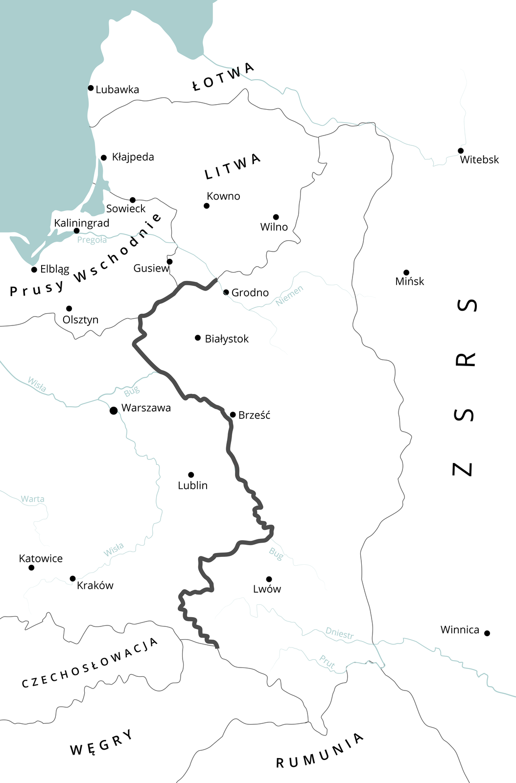 Mapa przedstawia linię podziału Polski między III Rzeszę a ZSRS. Linia biegnie od okolic Grodna na zachód pomiędzy Olsztyn i Białystok, dalej na południe wzdłuż rzeki Bug, dalej na południowy zachód aż do południowej granicy Polski. Na mapie ukazane są granice państw: Łotwy, Litwy,  ZSRS, Prus Wschodnich, Czechosłowacji, Węgier, Rumunii.