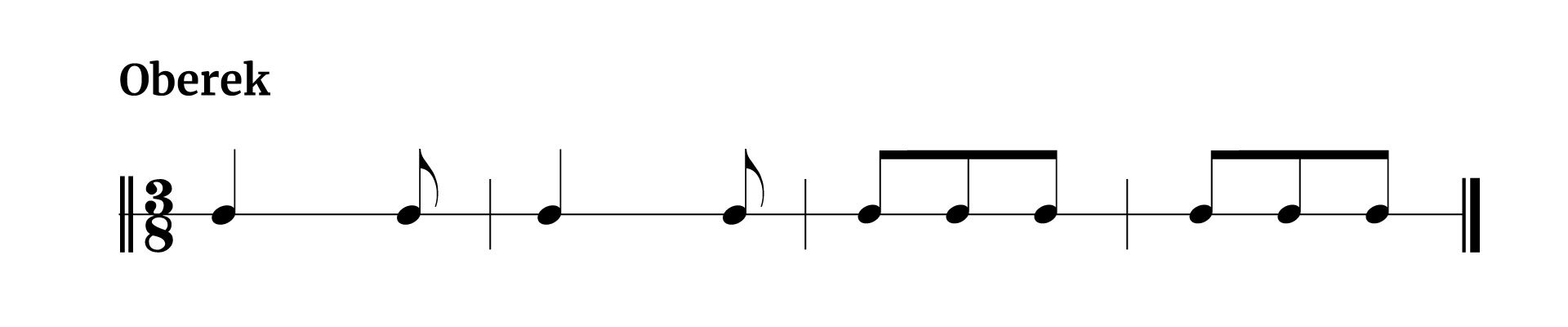 Grafika przedstawia fragment partytury w metrum trzy ósme, z zapisem rytmu oberka. W pierwszym takcie na pierwszą miarę zapisano ćwierćnutę, a na miarę trzecią ósemkę. W drugim takcie rytm jest powtórzony: ćwierćnuta na pierwszą miarę, ósemka na miarę trzecią. W taktach trzecim oraz czwartym zapisano po trzy ósemki.