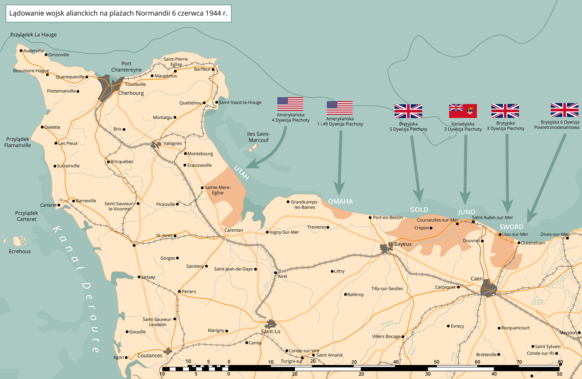 Ilustracja przedstawia mapę Normandii i sąsiadujące z nią morze. Zaprezentowano na niej lądowanie wojsk alianckich na plażach Normandii 6 czerwca 1944 roku. Wzdłuż całego wybrzeża oznaczono desant armii amerykańskich i brytyjskich. Amerykańskie operacje desantowe opisano jako Utah i Omaha i miały miejsce w zachodniej części wybrzeża. Brały w nich udział Amerykańska Czwarta Dywizja Piechoty oraz Amerykańska Pierwsza i Czterdziesta dziewiąta Dywizja Piechoty. Brytyjskie operacje opisano jako Gold i Sword i miały miejsce w centralnej i wschodniej części wybrzeża. Brały w nich udział Brytyjska Piąta Dywizja Piechoty, Brytyjska Trzecia Dywizja Piechoty i Brytyjska Szósta Dywizja Piechoty. Kanadyjską operację opisano jako Juno, miała miejsce między operacjami brytyjskimi. Brała w niej udział Kanadyjska Trzecia Dywizja Piechoty.