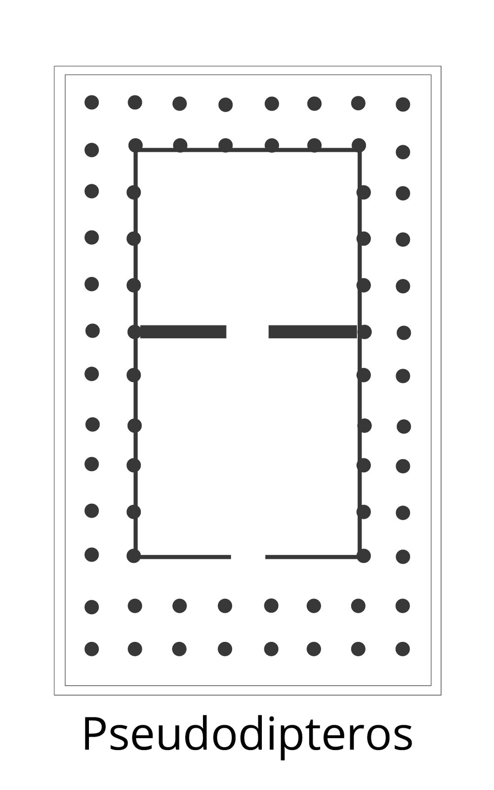 Czarno‑biała ilustracja przedstawia rzut na świątynię typu Pseudodipteros. Na planie prostokąta rozmieszczone zostały dwa rzędy kolumnady a wewnątrz niej ściany świątyni, do której prowadziło jedno wejście. 