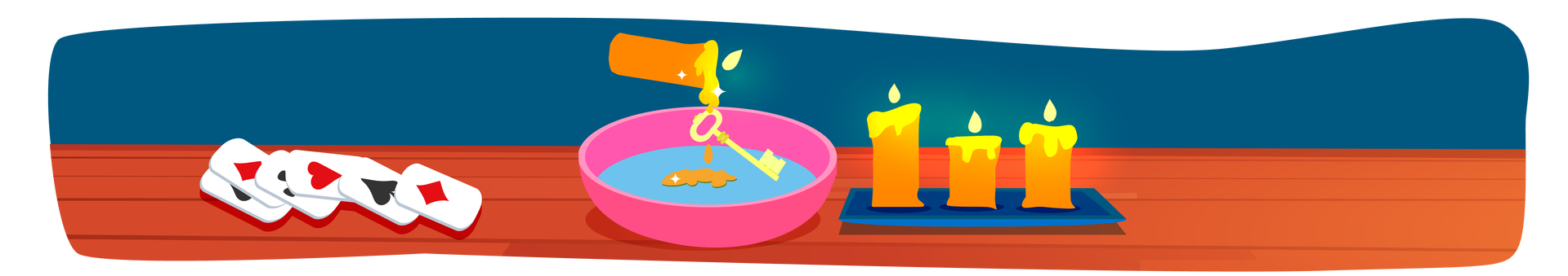 Ilustracja przedstawia brązowy blat, na którym znajdują się przedmioty kojarzące się z wróżbami andrzejkowymi. W tle widać granatową ścianę. Po lewej stronie blatu leży kilka kart. Na środku znajduje się różowa miska z wodą. Nad nią unosi się złoty klucz, przez który leje się wosk z widocznej powyżej zapalonej pomarańczowej świecy. Po prawej stronie blatu, na prostokątnej granatowej tacy, stoją trzy zapalone pomarańczowe świece.