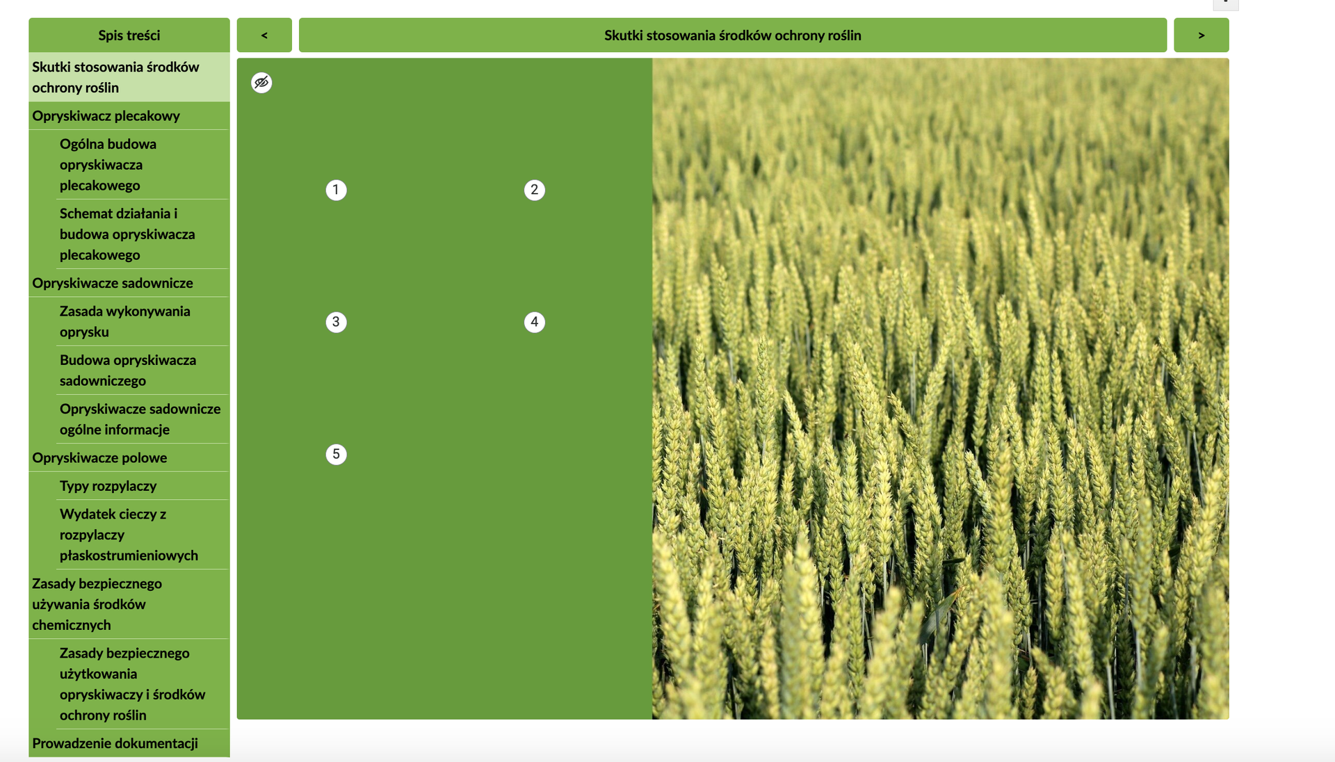 Grafika przedstawia główny widok infografiki. W górnej części ekranu znajduje się pasek z napisem: Skutki stosowania środków ochrony roślin. Po lewej stronie znajduje się spis treści z zakładkami, a na środku punkty interaktywne. 