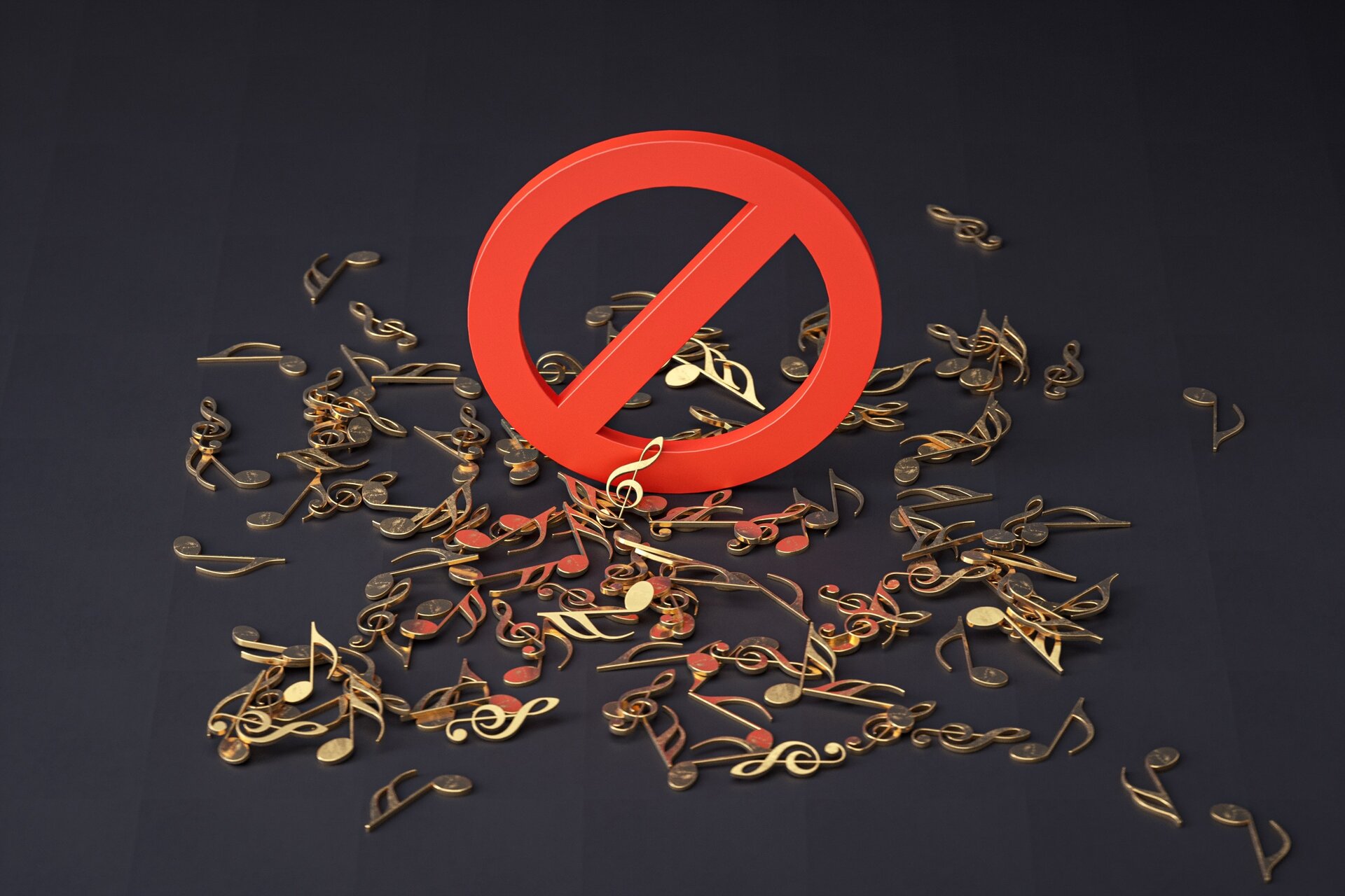 Grafika przedstawia rozsypane na ciemnym tle złote nuty i klucze wiolinowe. Wśród nich umieszczono trójwymiarowy znak zakazu – czerwony okrąg przekreślony na skos linią biegnącą od prawej górnej do lewej dolnej części znaku.