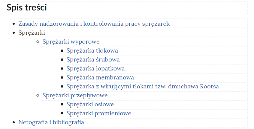 Na ilustracji widać przykładowy spis treści e‑booka. Jest on listą nienumerowaną z trzema poziomami zagnieżdżenia. Pierwszy odpowiada kolejnym stronom w e‑booku, drugi tytułom sekcji na danej stronie, a trzeci podsekcji. Link do strony, na której się znajdujesz pozostaje nieaktywny. Pozostałe linki umożliwiają szybkie przejście dalej.