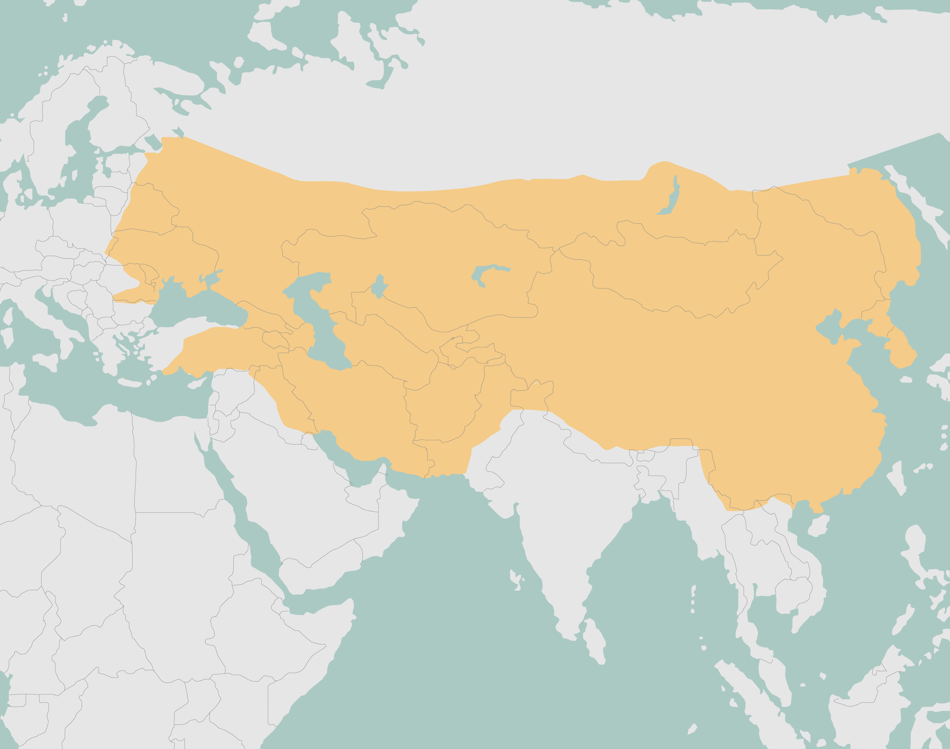 Mapa ilustruje rozwój terytorialny imperium mongolskiego po śmierci Czyngis‑chana. Ziemie Mongolii, Kazachstanu, Północy Chin, Iran, Ukrainę po Turcję oraz część południowo- zachodnią Rosji.