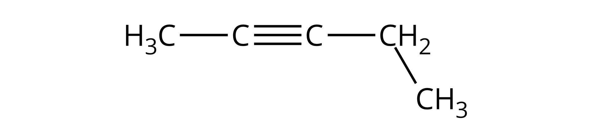Ilustracja przedstawia cząsteczkę pent-2-ynu. Budowa: grupa metylowa CH3 połączona z atomem węgla C tworzącym wiązanie potrójne z kolejnym atomem węgla, połączonym wiązaniem pojedynczym z grupą CH2 podstawioną grupą CH3.