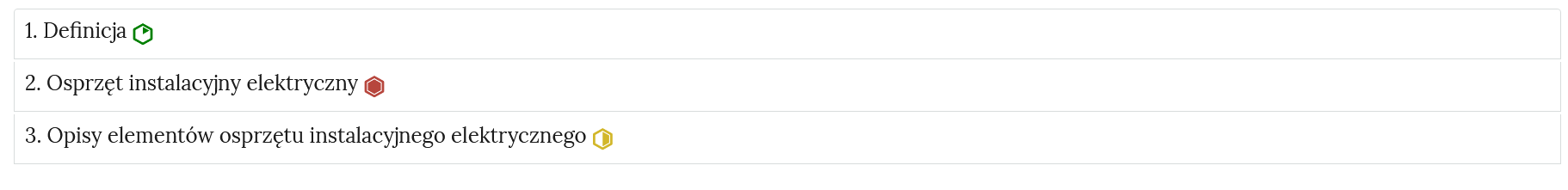 Ilustracja przedstawia przykładowy wygląd zakładek zawierających interaktywne materiały sprawdzające. Jest to rząd umieszczonych pod sobą ćwiczeń wraz z ich tytułami. Każde ćwiczenie, po prawej stronie belek z ćwiczeniami, posiada znaczek określający poziom trudności.