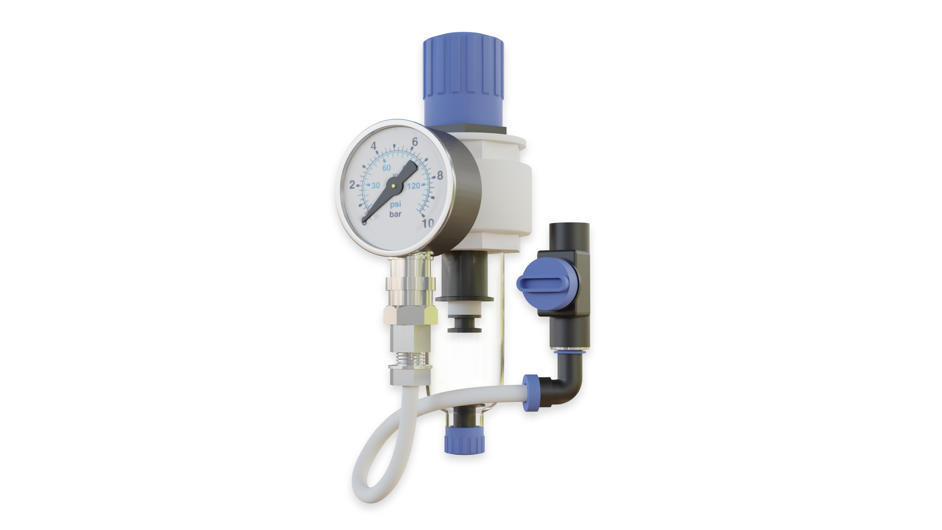 Ilustracja przedstawia zespół przygotowania powietrza, który składa się z niebieskiego pokrętła znajdującego się na górze obudowy, wskaźnika zegarowego zlokalizowanego z przodu obudowy oraz dodatkowego zaworu, połączonego z urządzeniem przez przezroczysty wężyk.