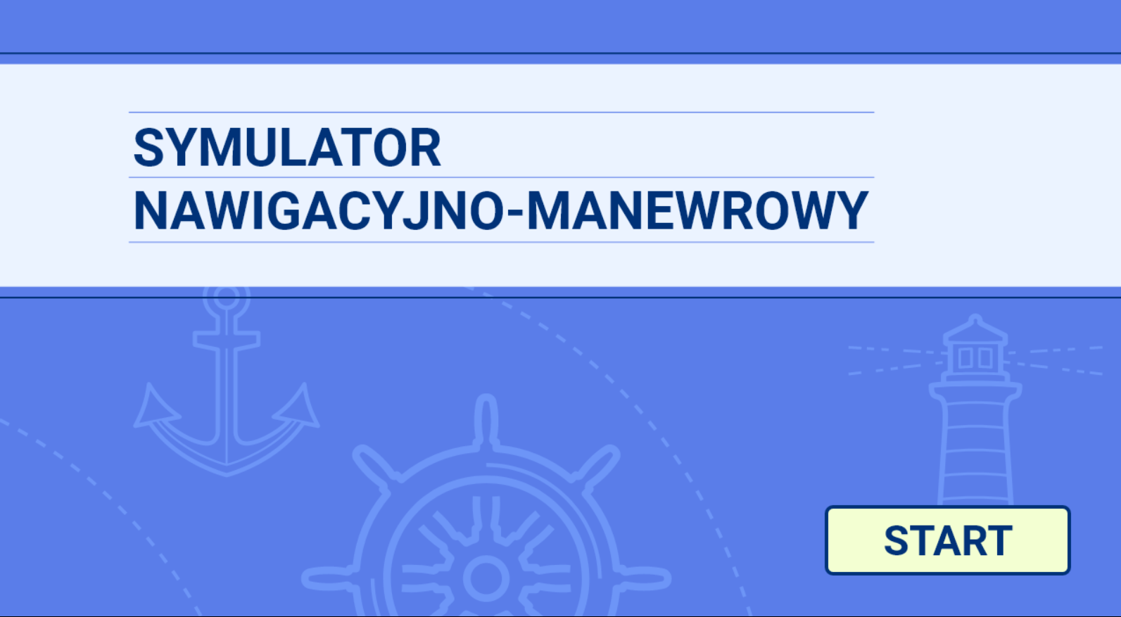 Grafika przedstawia ekran startowy symulatora. Widać na nim tekst Symulator nawigacyjno‑manewrowy.