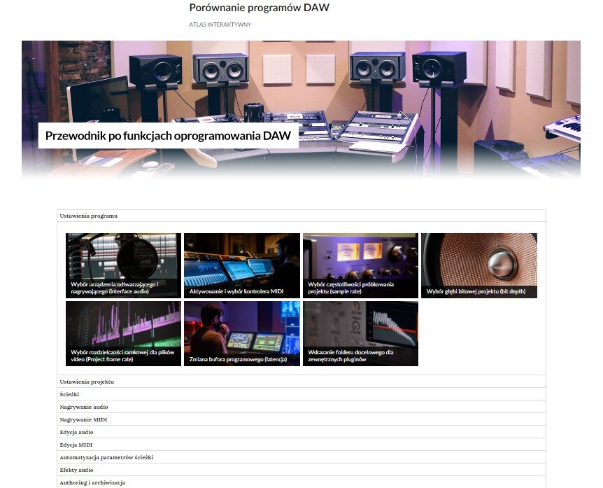 Grafika przedstawia widok atlasu interaktywnego z jego nagłówkiem, wstępem opisującym zawartość atlasu interaktywnego oraz zbioru poszczególnych materiałów w formie listy z nazwami działów, gdzie po kliknięciu w nazwę działu pojawi się jego zawartość.