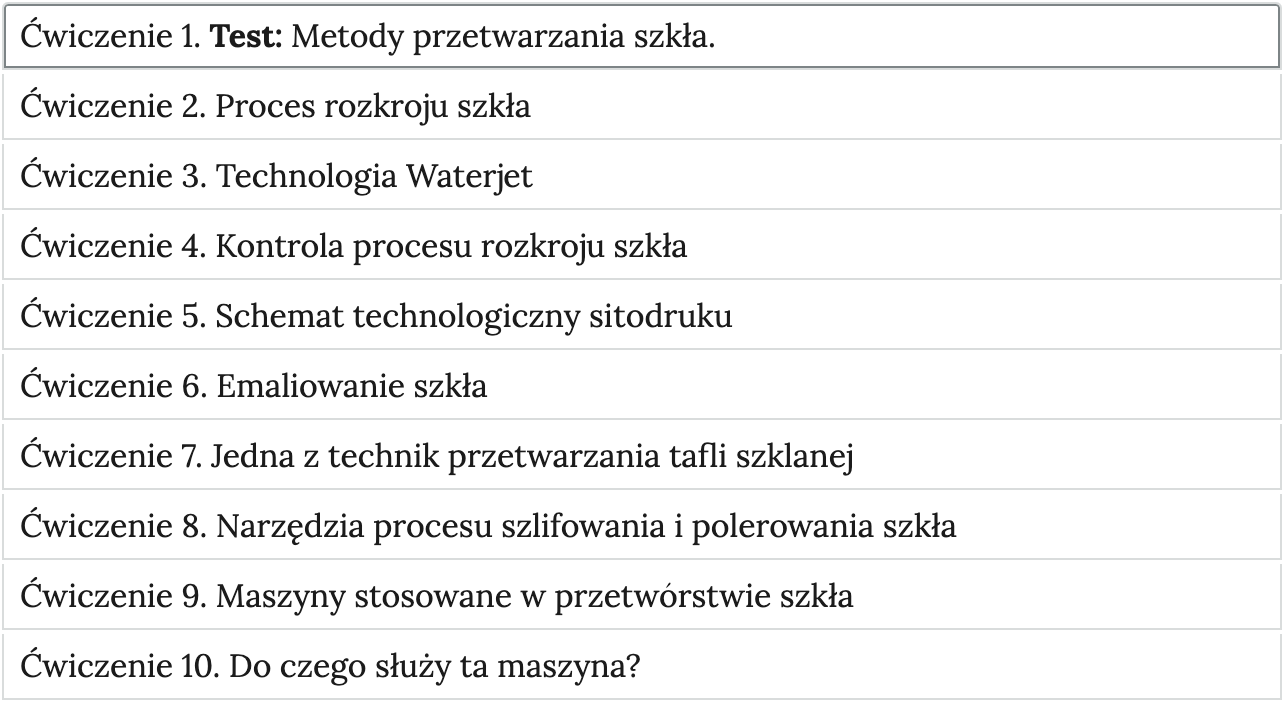 Grafika przedstawia widok ćwiczeń do wyboru, element interaktywnych materiałów sprawdzających. W poszczególnych zakładkach wypisane są tytułu ćwiczeń i zagadnień, których dotyczą.