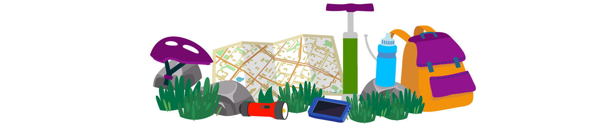 Ilustracja przedstawia przedmioty związane z wycieczką rowerową ułożone na trawie. Po lewej stronie leżą dwa szare kamienie. Na jednym z nich znajduje się fioletowy kask rowerowy. Na środku jest rozłożona mapa, a obok niej leży czerwono‑czarna latarka i niebieskie urządzenie elektroniczne służące do nawigacji w terenie. Na prawo od mapy stoi zielono‑fioletowa pompka rowerowa, dalej leży trzeci szary kamień. Stoi na nim niebieski bidon. Po prawej stronie ilustracji jest pomarańczowo‑fioletowy plecak.