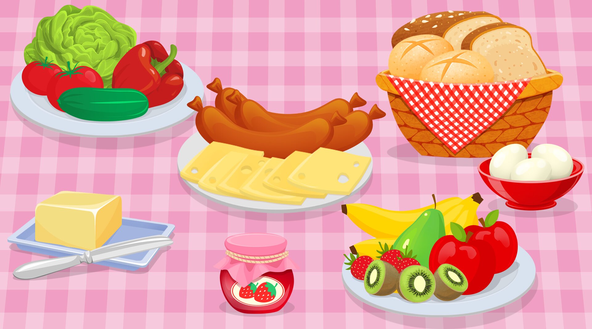 Ilustracja przedstawia różne produkty spożywcze leżące na stole. Są to: sałata, pomidory, papryka, ogórek, kiełbasa, ser, chleb, bułki, jajka, masło, dżem, kiwi, truskawki, gruszka, banany i jabłka.