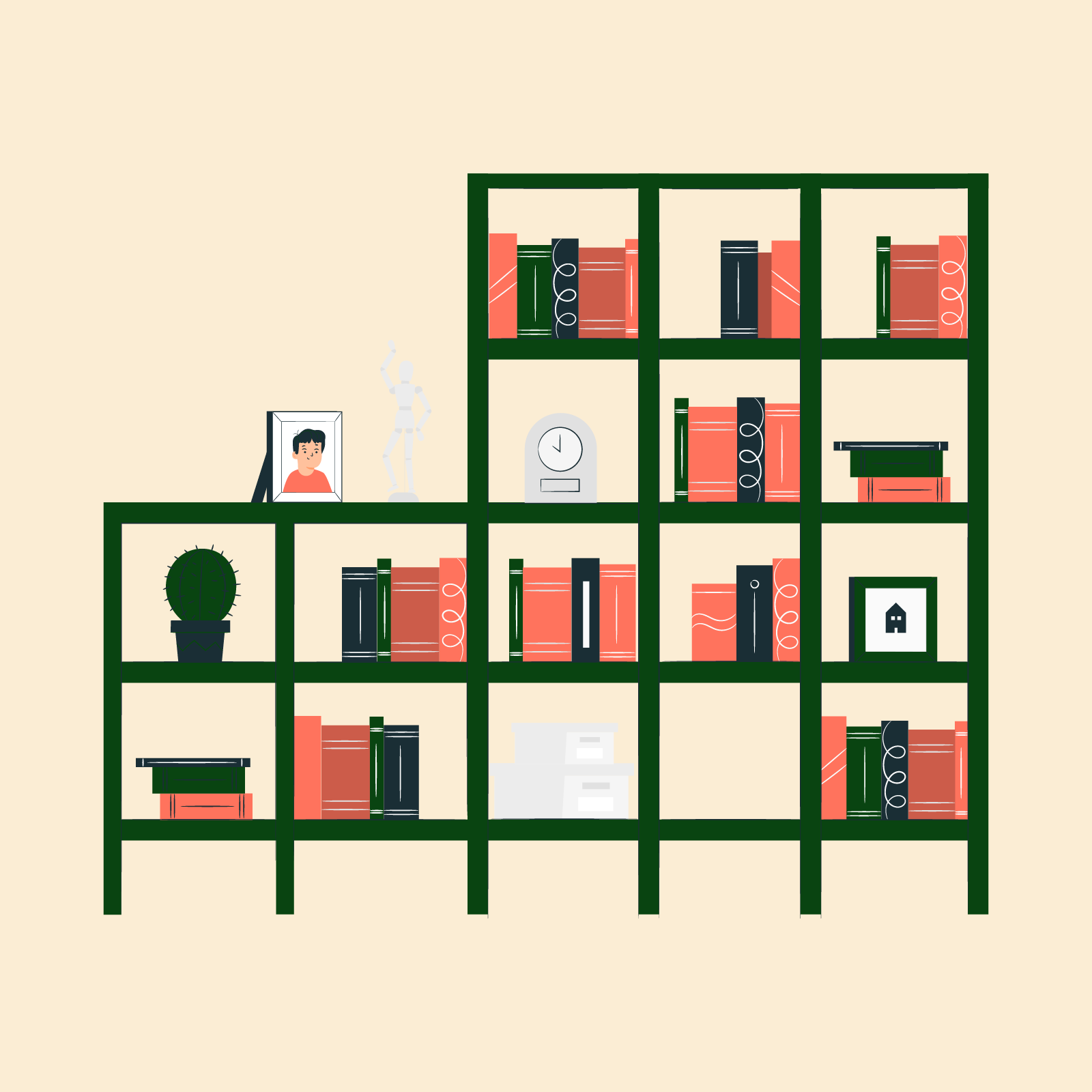 Ilustracja przedstawia zielony regał z kwadratowymi przegródkami, w których widzimy książki, zdjęcia w ramkach, zegar i okrągłego kaktusa w doniczce. 