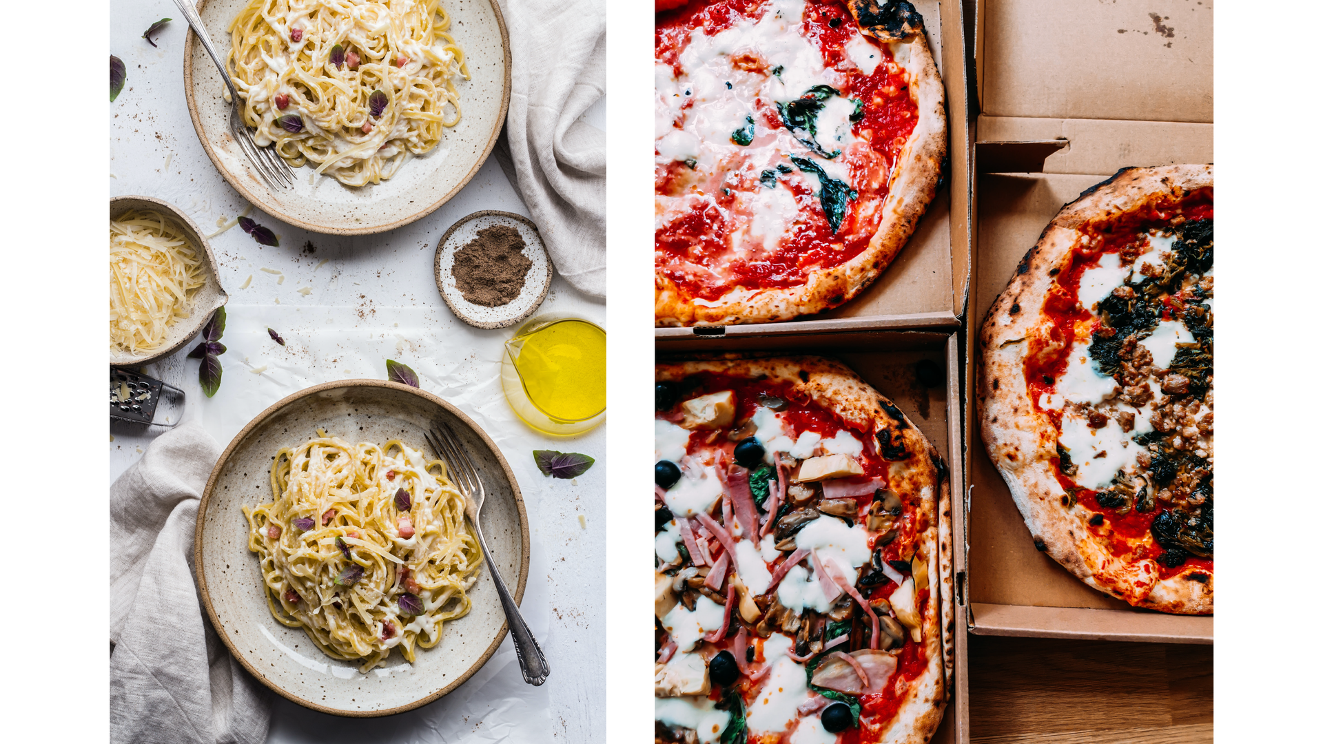 Ilustracja przedstawia dwa zdjęcia. Na pierwszym znajdują się dwa talerze z włoskim daniem z makaronem. Na drugim zdjęciu widoczne są trzy pizze.