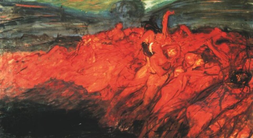 Ilustracja przedstawia obraz abstrakcyjny. Znajdują się na nim poplątane ciała, złączone w jedną całość. Ciała zdają się leżeć jedno na drugim, tworząc pagórek. 