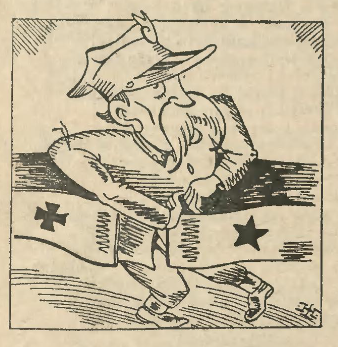 Ilustracja przedstawia mężczyznę w mundurze, który ma czapkę na głowie oraz gęste wąsy. Postać jest ściśnięta pasami od lewej i prawej strony. Na pasie po lewej stronie jest czarny krzyż. Na pasie po prawej jest pięcioramienna gwiazda.