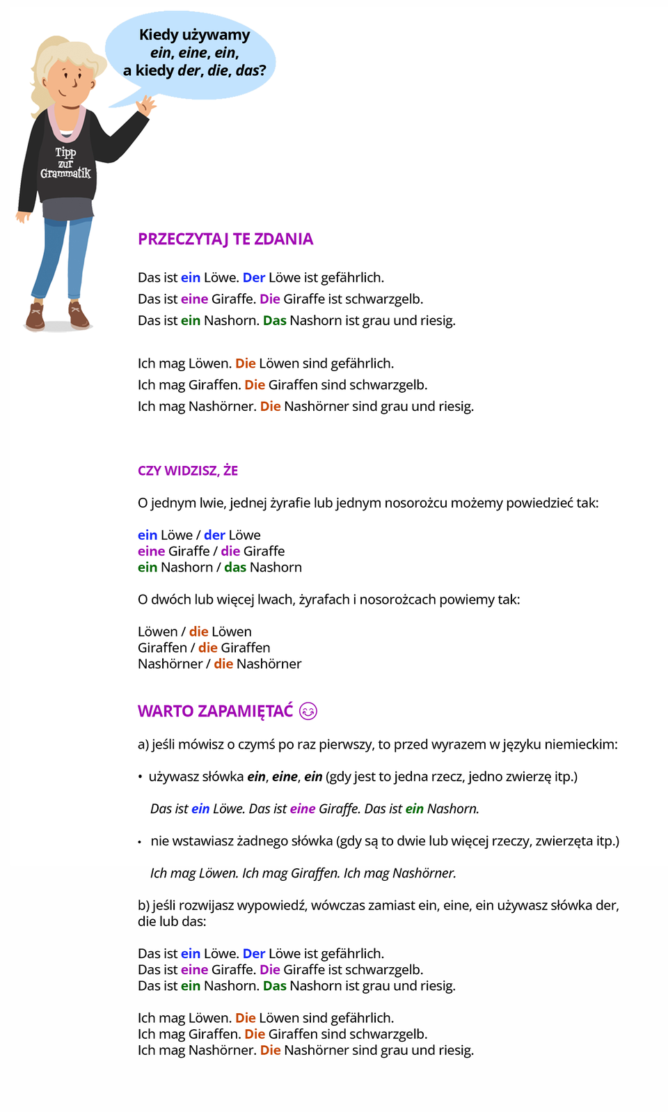 Ilustracja zawiera poradę językową.
Grafika przedstawia dziewczynkę ubraną w czarną bluzę z napisem Tipp zur Grammatik oraz w niebieskie spodnie. Dziewczynka mówi: Kiedy używamy ein, eine, ein, a kiedy der, die, das?
Pozostałą część ilustracji stanowi tekst, którego treść wyświetla się w trybie dostępności.