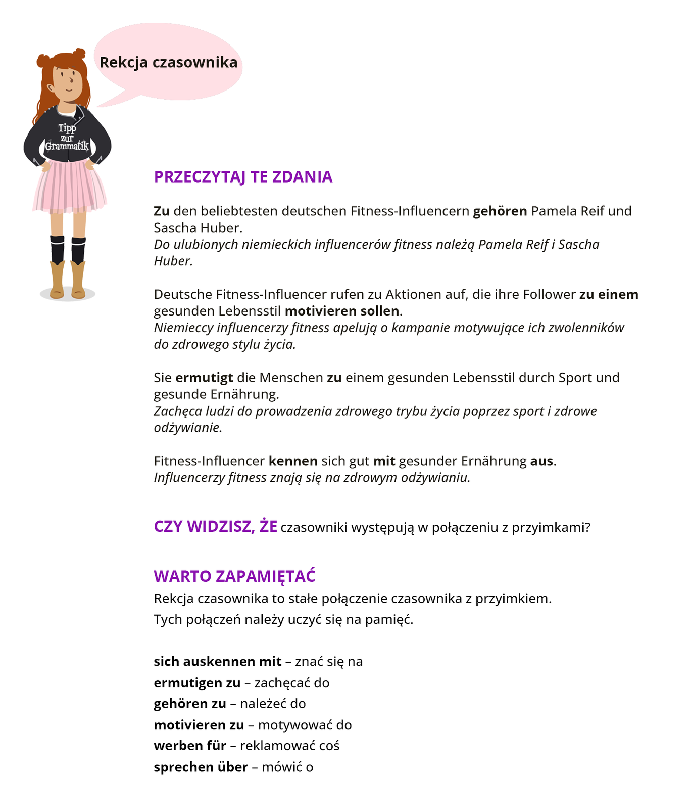 Ilustracja zawiera poradę językową.
Ilustracja przedstawia dziewczynę ubraną w bluzkę z napisem Tipp zur Grammatik, plisowaną spódniczkę w kowbojki. Obok widoczny jest dymek zawierający napis: Rekcja czasownika.
Pozostałą część grafiki stanowi tekst, którego treść wyświetla się w trybie dostępności.