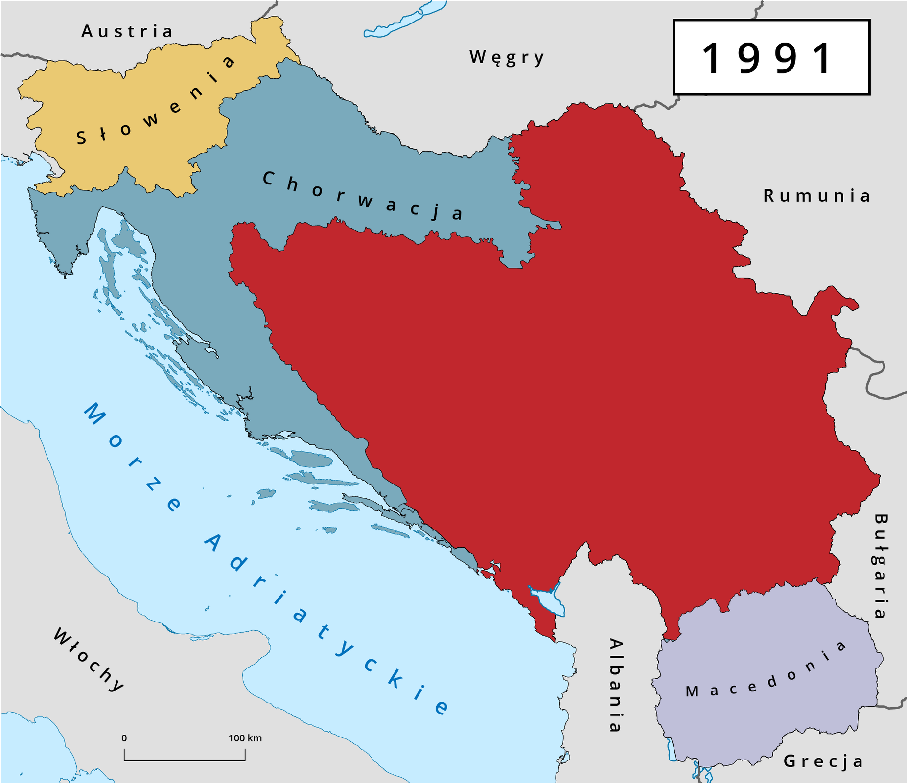 Mapa przedstawia państwa powstałe po rozpadzie Jugosławii w 1991 roku. Z północnych terenów tego kraju wyodrębniła się Słowenia oraz Chorwacja. Chorwacja przejęła dużą ilość ziem nad Morzem Adriatyckim, z kolei Słowenia tereny nieco bardziej na północ. Na południu, przy granicach z Bułgarią, Grecją oraz Albanią powstała Macedonia. W centrum mapy znajduje się pozostała po rozpadzie część Jugoławii.
