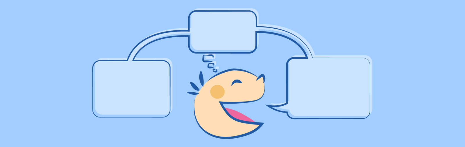 Kolorowa grafika przedstawia rysunek uśmiechniętej, dziecięcej twarzy z profilu. Po jej obu stronach oraz ponad nią znajdują się, połączone ze sobą komiksowe dymki, które są puste.