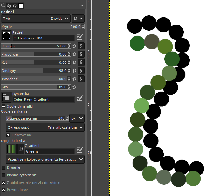 Ilustracja przedstawia widok na program GIMP z wybraną opcją pędzla. Wybrano czarną końcówkę pędzla oraz pędzel Hardness 100. Opcje pędzla: Dynamika: Color From Gradient, Opcja zanikania: długość zanikania 108, Okresowość: Fala piłokształtna, Opcje kolorów: Greens. Przestrzeń kolorów gradientu... Obok na białym tle jest kształt odwróconej litery S zbudowany z czarnych kulek tej samej wielkości, przylega do niej nieco poniżej taki sam kształt zbudowany z kulek w różnych odcieniach zieleni.  