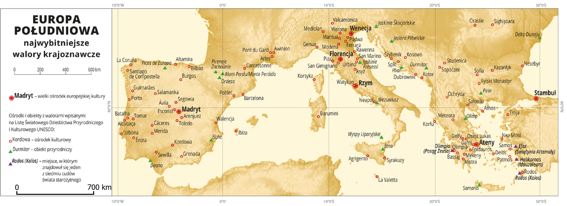 Ilustracja przedstawia mapę Europy Południowej. Na mapie sygnaturami zaznaczono najwybitniejsze walory krajoznawcze: ośrodki kulturowe i obiekty przyrodnicze z walorami wpisanymi na Listę Światowego Dziedzictwa Przyrodniczego i Kulturowego UNESCO oraz wielkie ośrodki europejskiej kultury: Madryt, Florencja, Wenecja, Rzym, Ateny, Stambuł. Największe zagęszczenie sygnatur we Włoszech, Grecji, Hiszpanii. Dookoła mapy w białej ramce opisano współrzędne geograficzne co dziesięć stopni. W legendzie umieszczono i opisano kolory użyte na mapie.