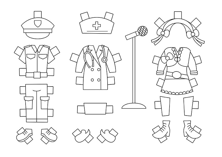 Na tej kartce są rysunki ubrań. Można je wyciąć i nakleić na postać, żeby ją ubrać w różne stroje. Znajdziesz tu mundur dla policjanta, uniform dla pielęgniarki oraz strój sceniczny dla dziewczyny.