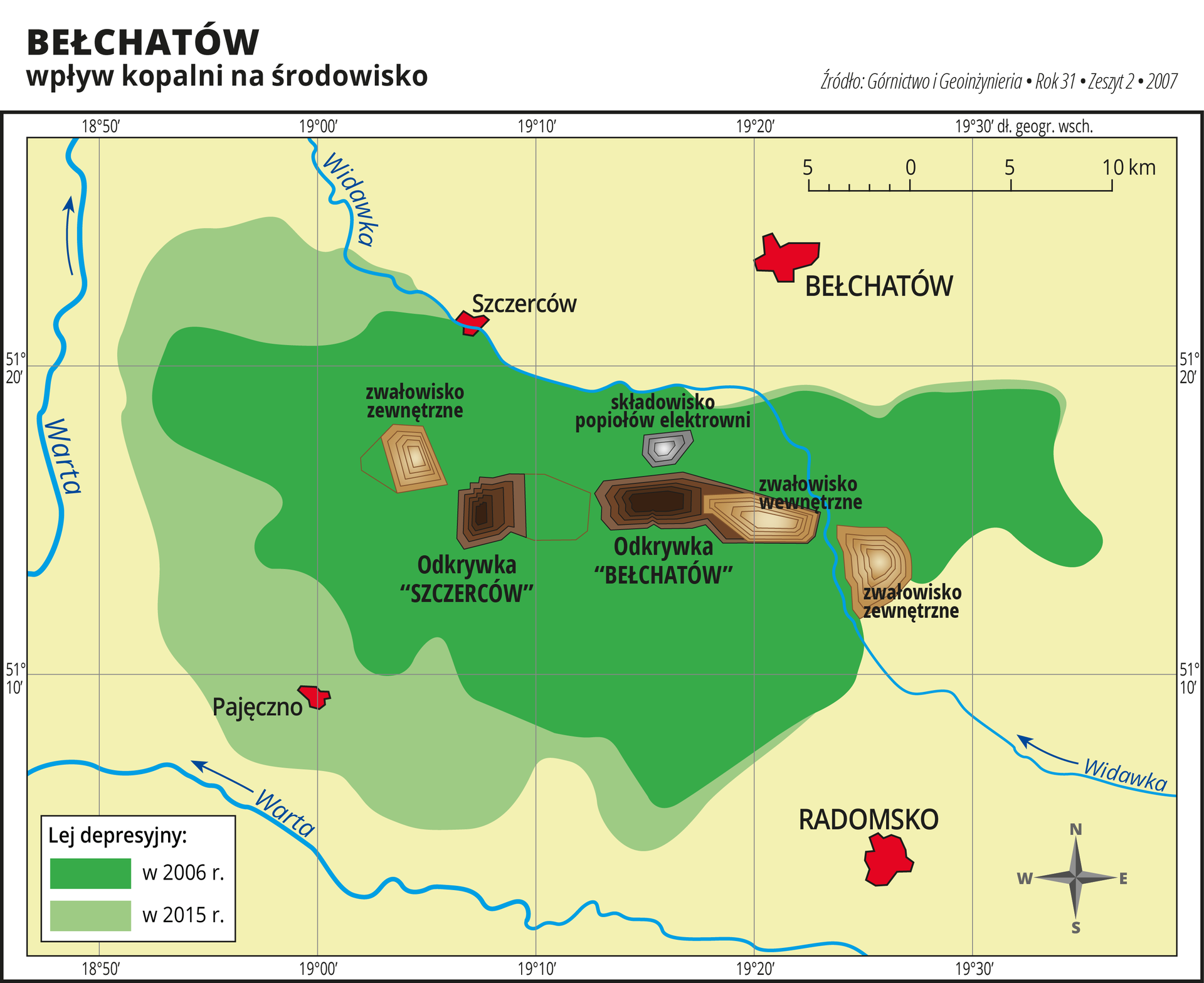 Mapa przedstawia Bełchatów i wały kopalni na środowisko. Niedaleko Bełchatowa, nad rzeką Widawka, na zachód od miasta znajdują się zwałowisko zewnętrzne, składowisko popiołów elektrowni, Odkrywka Bełchatów, Odkrywka Szczerców i zwałowisko zewnętrzne. Wszystkie te elementy kopalni znajdują się na terenie leja depresyjnego, który od roku 2006 do 2015 znacząco się powiększył. 