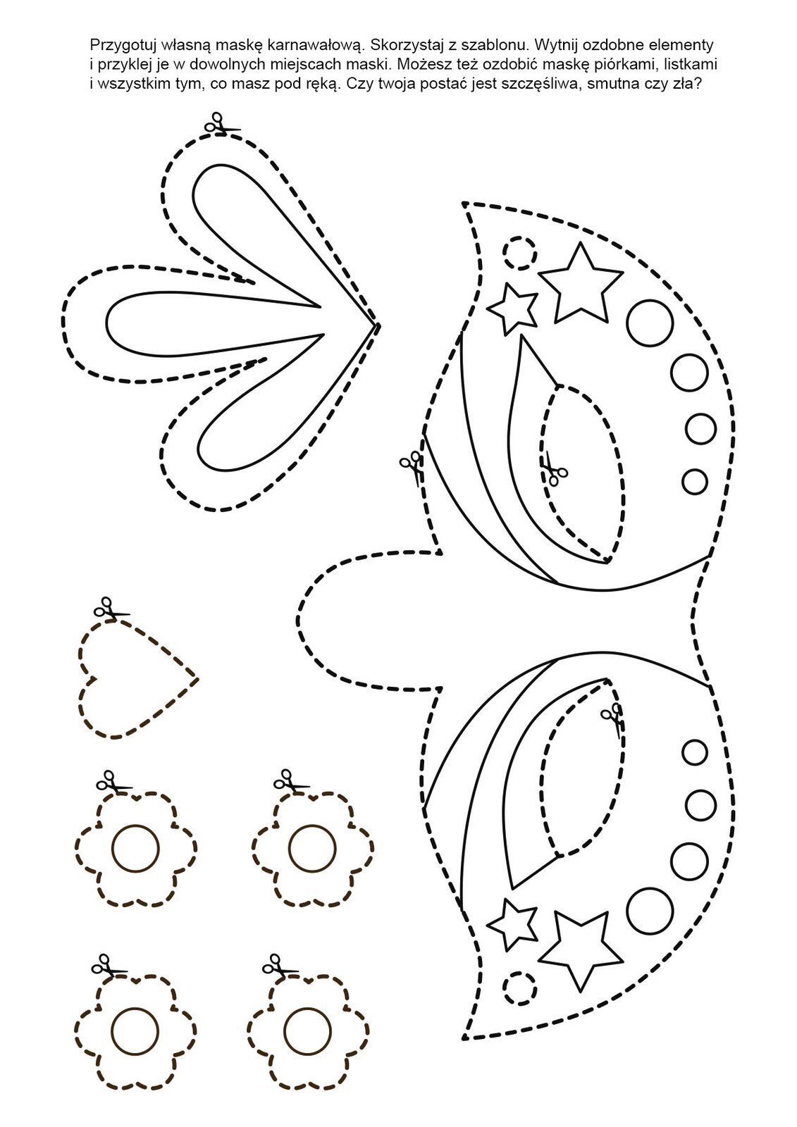 Ilustracja przedstawia instrukcję zrobienia maski karnawałowej 