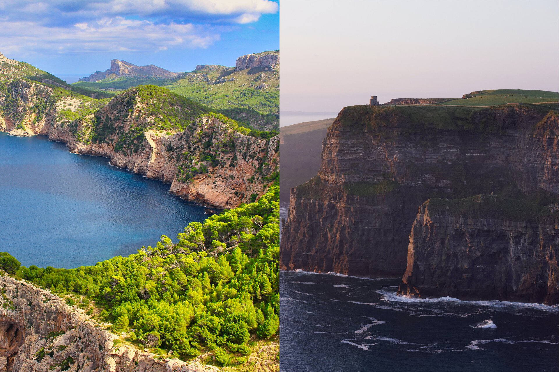 Ilustracja składa się z dwóch zdjęć. Na zdjęciu po lewej stronie widoczne jest wysokie, skaliste wybrzeże otaczające zbiornik wodny. Skały w górnych partiach są porośnięte intensywnie zieloną roślinnością. Na zdjęciu po prawej stronie widoczne są wysokie, pionowe klify, u dołu których widoczna jest tafla wody. Na górze klify  są płaskie i porośnięte zieloną trawą.