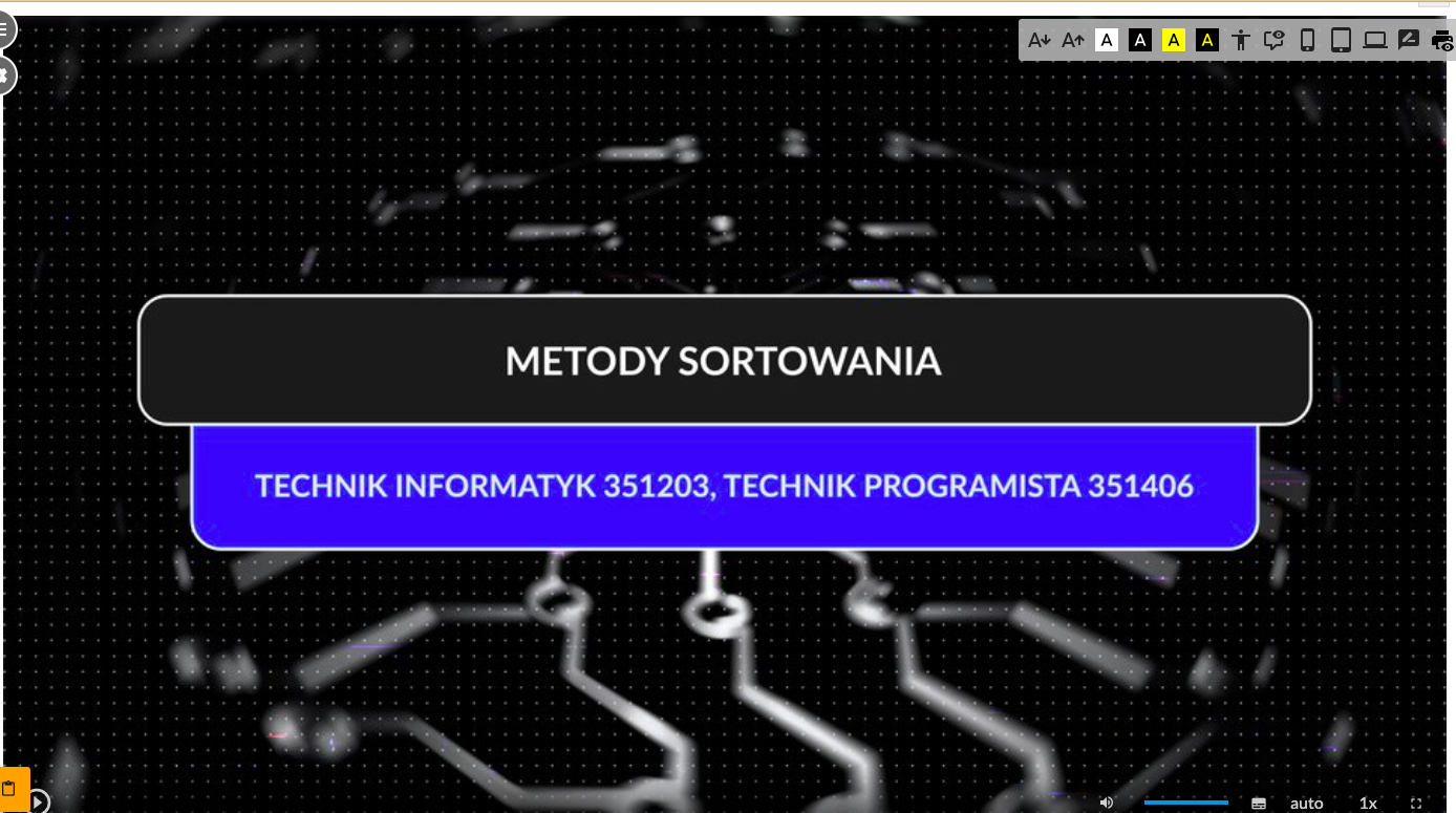 Przykładowy widok ekranu animacji. Widoczny jest panel. Na ciemnym tle  napis Metody sortowania. Poniżej drugi panel. Na niebieskim tle napis Technik informatyk Technik Programista