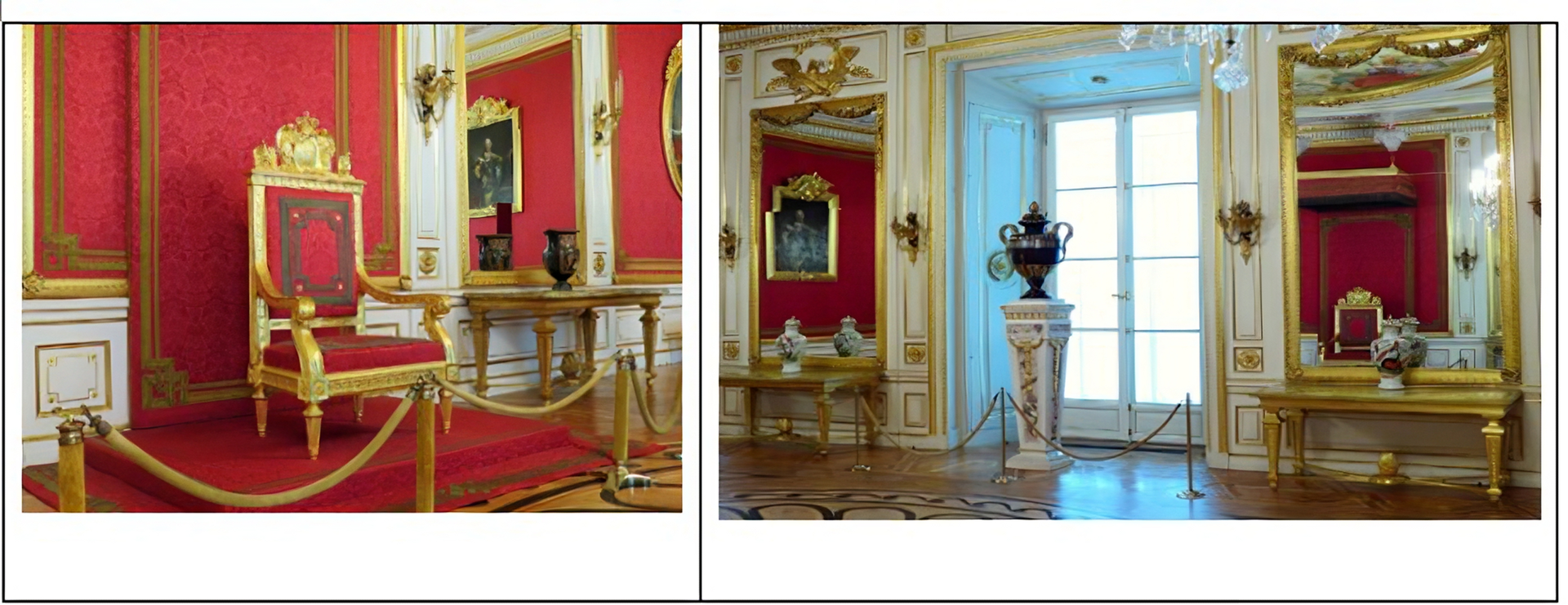 Kliknij, aby powiększyć Dwa zdjęcia. Po lewej stronie widok fotela tronowego z 1764 roku. Wykonany w stylu Ludwika XV, pozłacany, obity aksamitem ze złotym haftem i tarczą herbową nad oparciem. Przy fotelu znajdują się barierki - drewniane słupki ze sznurem. Obok stoi stolik. Po prawej zdjęcie przedstawia ścianę z dużym oknem Pokoju Audiencjonalnego Starego. Dwa duże lustra w złoconych ramach stoją po obu stronach okna. Pod lustrami stoją stoliki. Na ich blatach stoją wazy. Nad nimi znajdują się złote orły. We wnęce okiennej został wyeksponowany na cokole zegar w kształcie urny z przesuwną tarczą zegarową. Jej wskazówką jest język oplatającego urnę czasu węża.