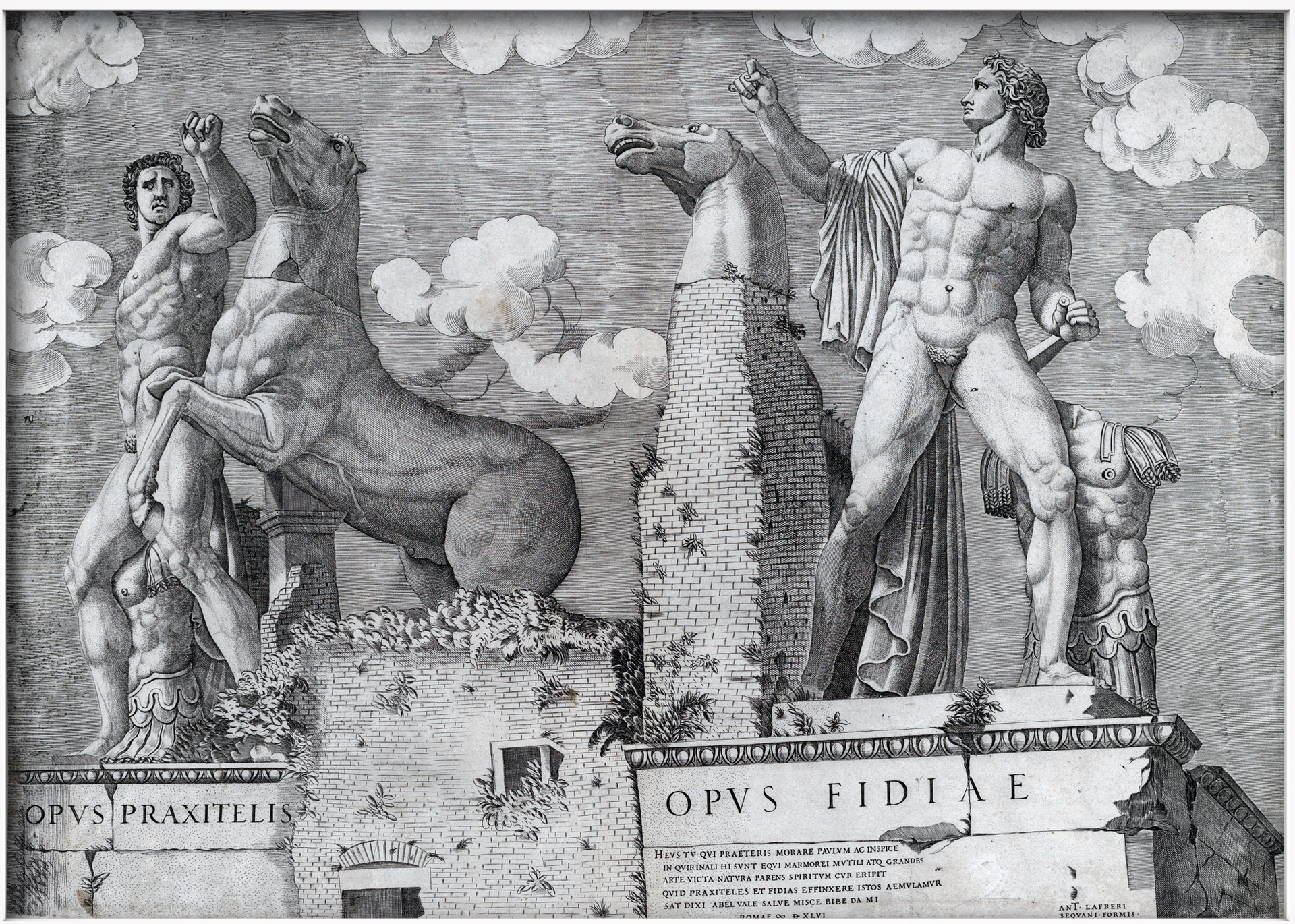 Ilustracja przedstawia obraz „Speculum Romanae Magnificentiae” autora nieznanego. Obraz ukazuje dwa posągi Dioskurów na Kwirynale. Posągi umieszczone są na budynku. Posąg po prawej stronie przedstawia nagiego młodego mężczyznę, który w złości unosi prawą pięść do góry. Obok postaci widoczny jest murek, na którym stoi posąg głowy konia. Z lewej strony działa również widoczny jest nagi, młody, umięśniony mężczyzna. Obok postaci stoi koń z uniesionymi do góry kopytami. 