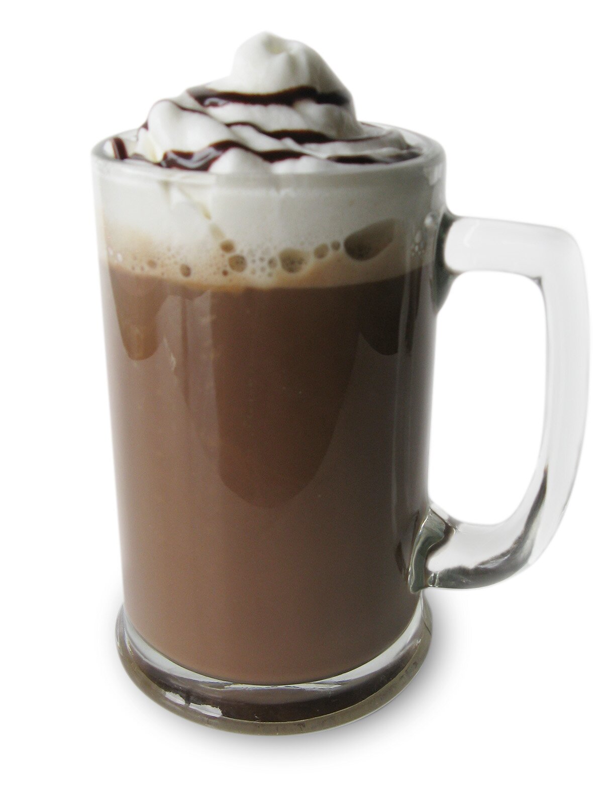 Ilustracja przedstawiająca wysoką szklankę, w której znajduje się ciemnobrązowy napój, na górze bita śmietana oraz polewa czekoladowa.