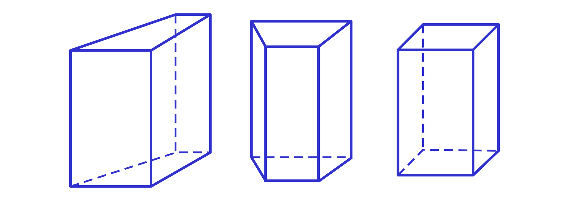 Na ilustracji przedstawiono trzy graniastosłupy. Dwa z nich to graniastosłupy, w których podstawie znajduje się trapez. Trzeci graniastosłup to prostopadłościan.