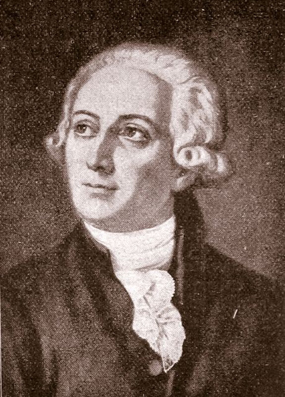 Monochromatyczny portret w odcieniach sepii przedstawiający francuskiego chemika Antoine'a Lavoisiera.