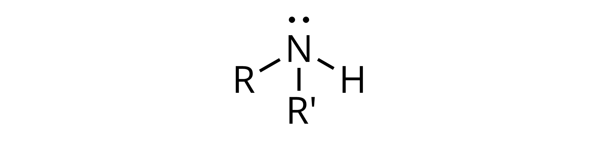 Na ilustracji znajduje się ogólny wzór aminy drugorzędowej: do atomu azotu są przyłączone atom wodoru, grupa R i R prim. Przy atomie azotu znajdują się dwie kropki oznaczające wolną parę elektronową.
