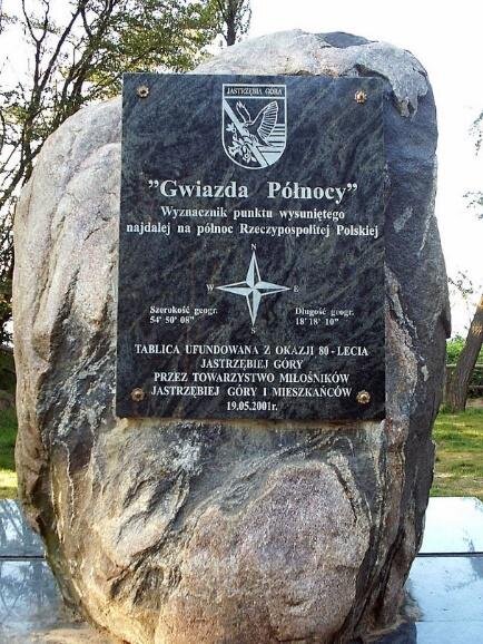 Zdjęcie przedstawia pionowo ustawiony kamień z przymocowaną do niego ciemną tablicą ze srebrnymi napisami. U góry herb Jastrzębiej Góry, poniżej napis: „Gwiazda Północy. Wyznacznik punktu wysuniętego najdalej na północ Rzeczypospolitej Polskiej”. Poniżej oznaczenie długości i szerokości geograficznej punktu – szerokość geograficzna wynosi pięćdziesiąt cztery stopni, pięćdziesiąt minut i osiem sekund; długość geograficzna wynosi osiemnaście stopni, osiemnaście minut i dziesięć sekund. Poniżej napis: „Tablica ufundowana z okazji osiemdziesięciolecia Jastrzębiej Góry przez Towarzystwo miłośników Jastrzębiej Góry i mieszkańców. Dziewiętnasty maja dwa tysiące pierwszego roku”.