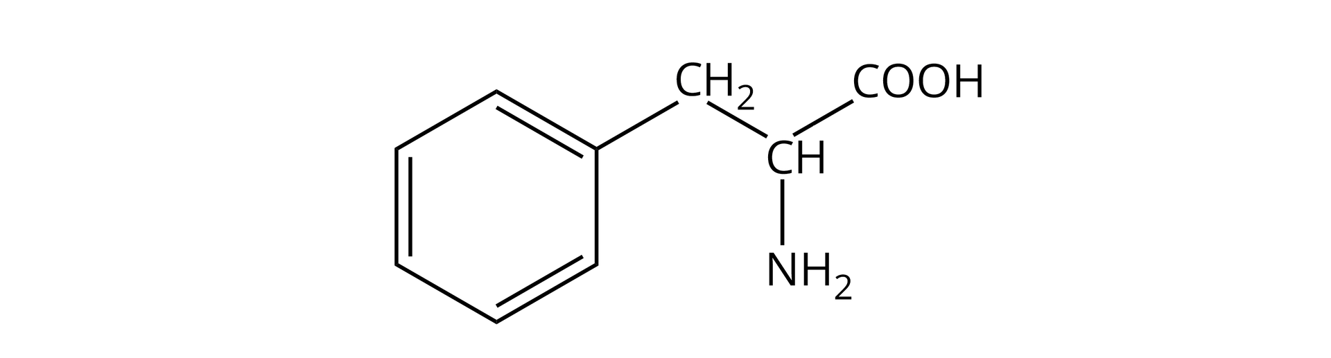 Ilustracja przedstawia wzór półstrukturalny fenyloalaniny. Do atomu węgla przyłączone są: atom wodoru, grupa karboksylowa, aminowa oraz grupa                C       H                 2          do której przyłączony jest pierścień fenylowy.