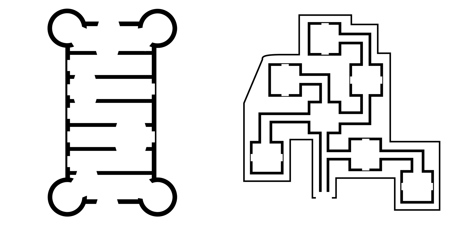 Grafika przedstawia dwa plany budynków pałacowych. Pierwszy z nich ma kształt prostokąta z zaznaczonymi wieżami w każdym rogu. Drugi jest asymetryczny, a większość pomieszczeń w nim to komnaty przechodnie.