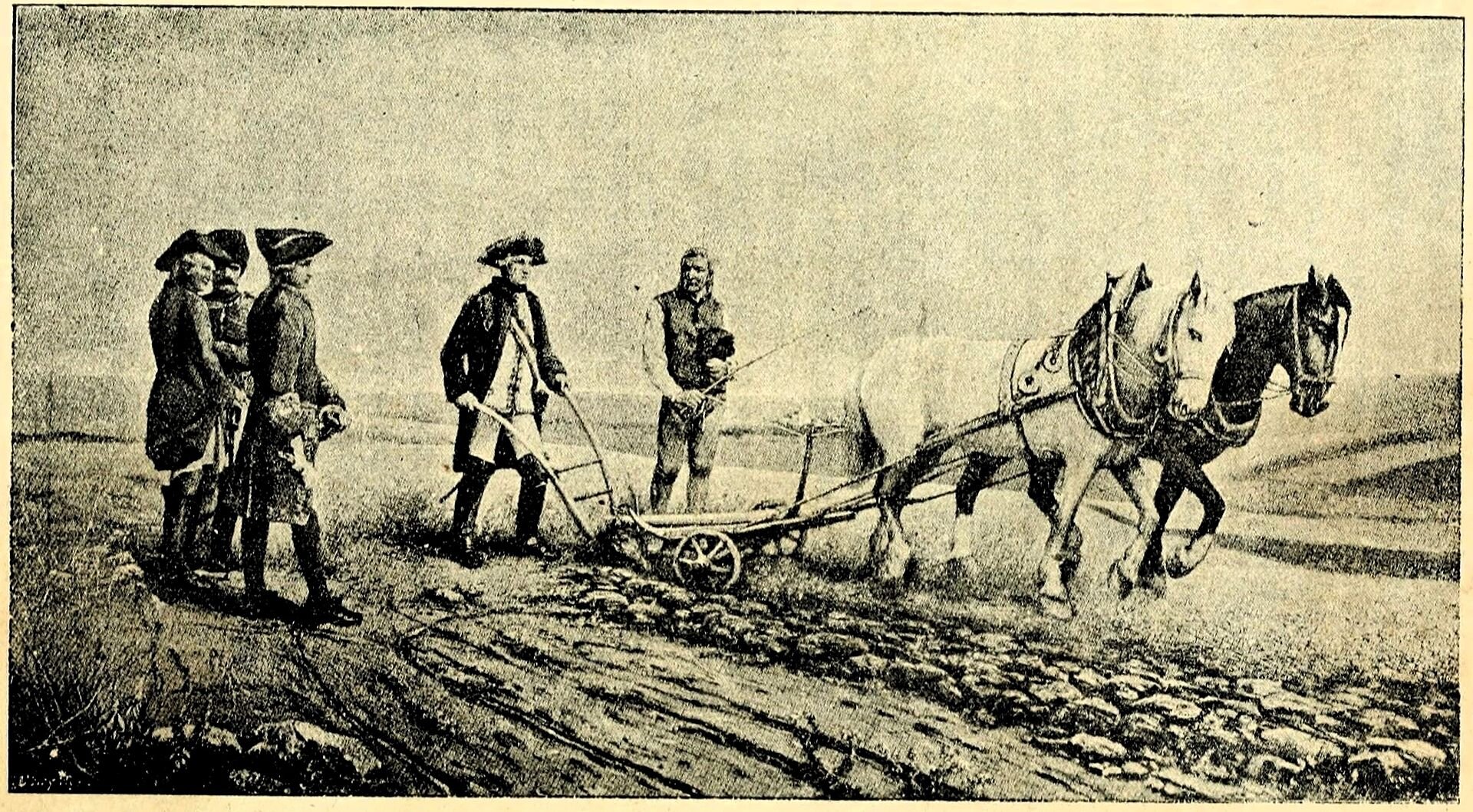 Rycina przedstawia Józefa II orzącego osobiście pole. Król trzyma w rękach pług ciągnięty przez dwa konie. Przygląda się temu trzech żołnierzy i chłop z batem w dłoni.