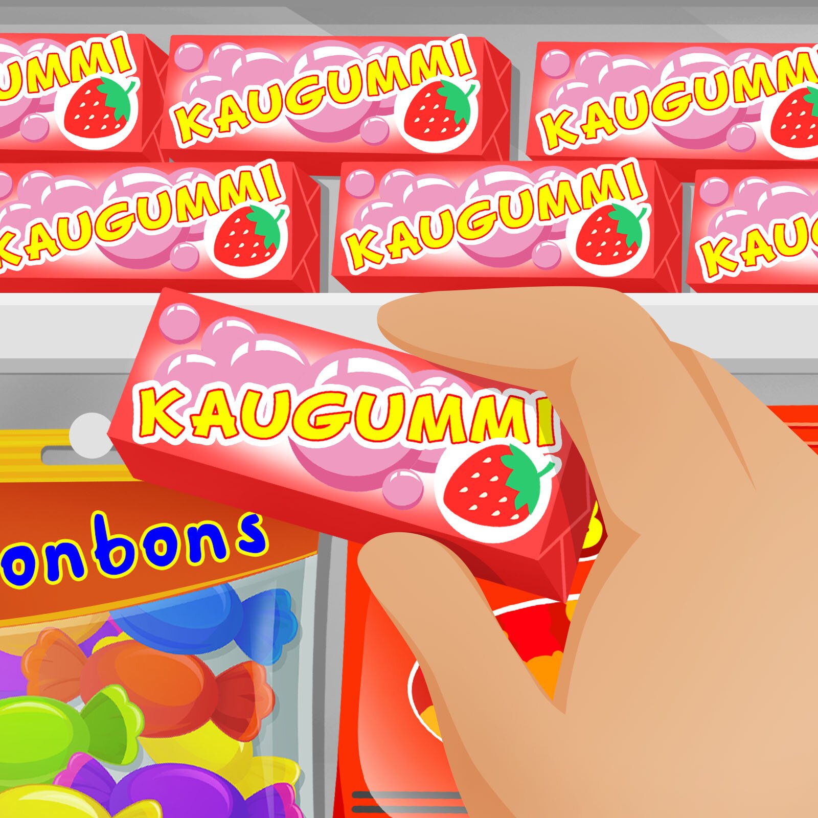 Ilustracja przedstawia osobę kupującą gumę do żucia